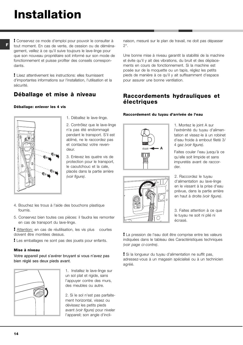 Installation, Déballage et mise à niveau, Raccordements hydrauliques et électriques | Hotpoint Ariston AVTL 83 User Manual | Page 14 / 72
