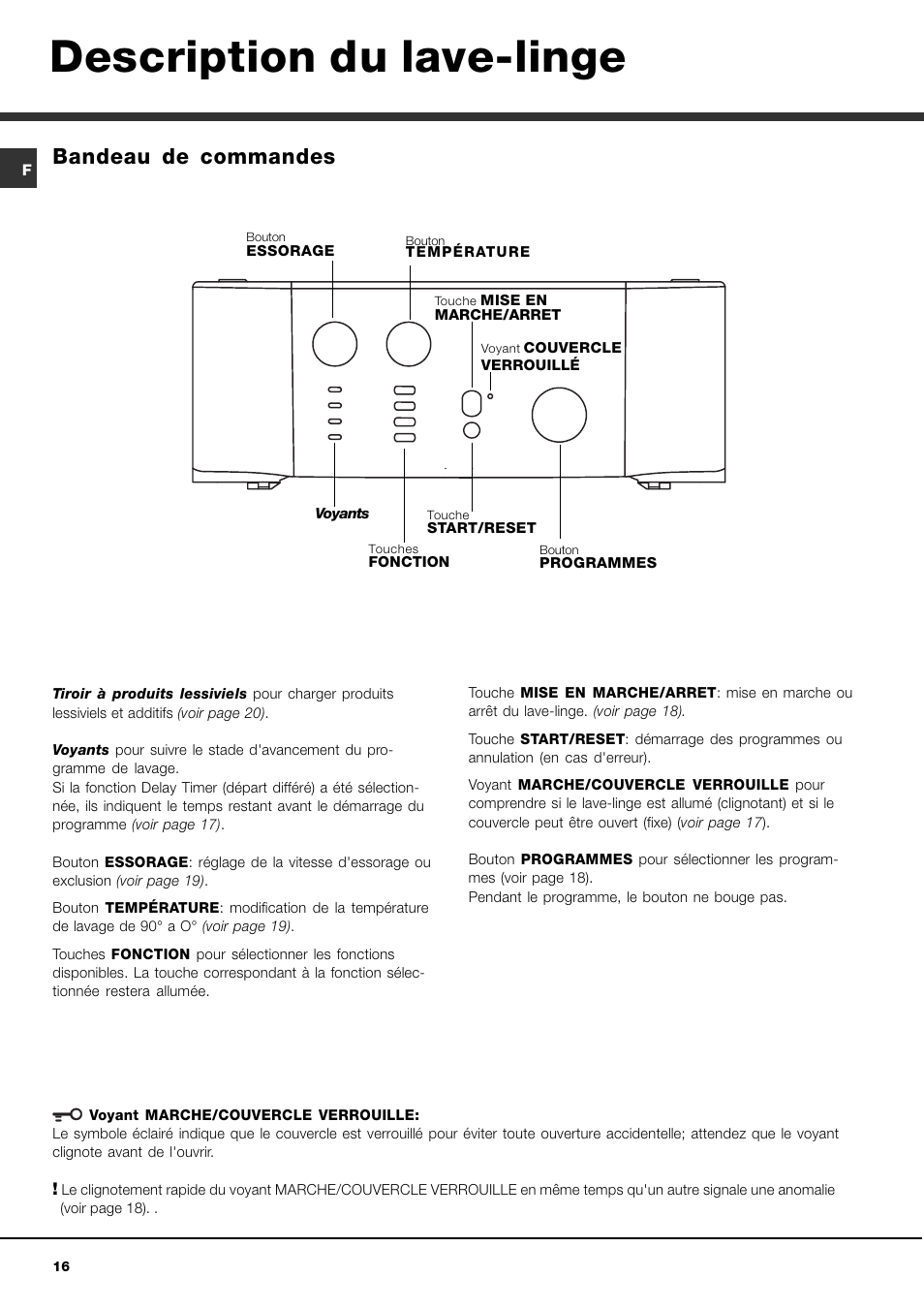 Description du lave-linge, Bandeau de commandes | Hotpoint Ariston AVTL 83 User Manual | Page 16 / 72