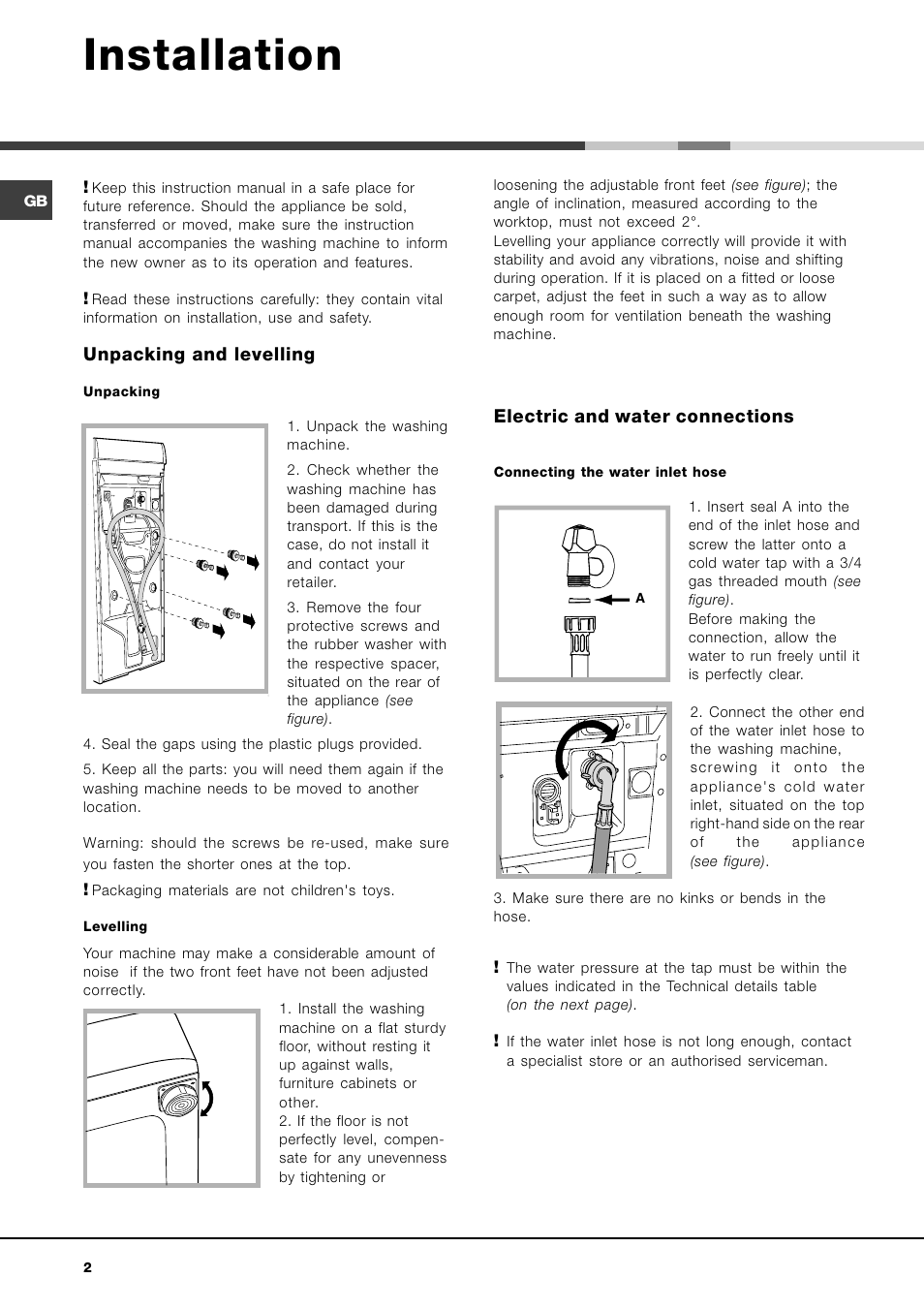 Installation, Unpacking and levelling, Electric and water connections | Hotpoint Ariston AVTL 83 User Manual | Page 2 / 72