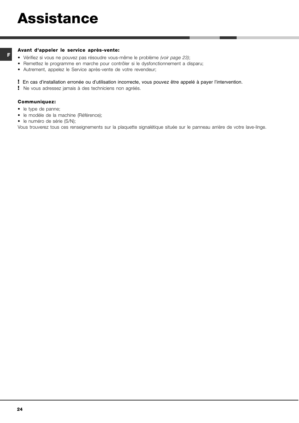 Assistance | Hotpoint Ariston AVTL 83 User Manual | Page 24 / 72