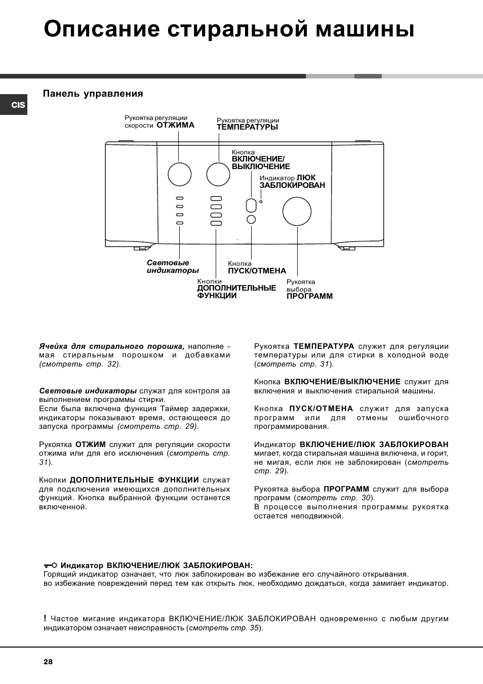 Описание стиральной машины, Панель управления | Hotpoint Ariston AVTL 83 User Manual | Page 28 / 72