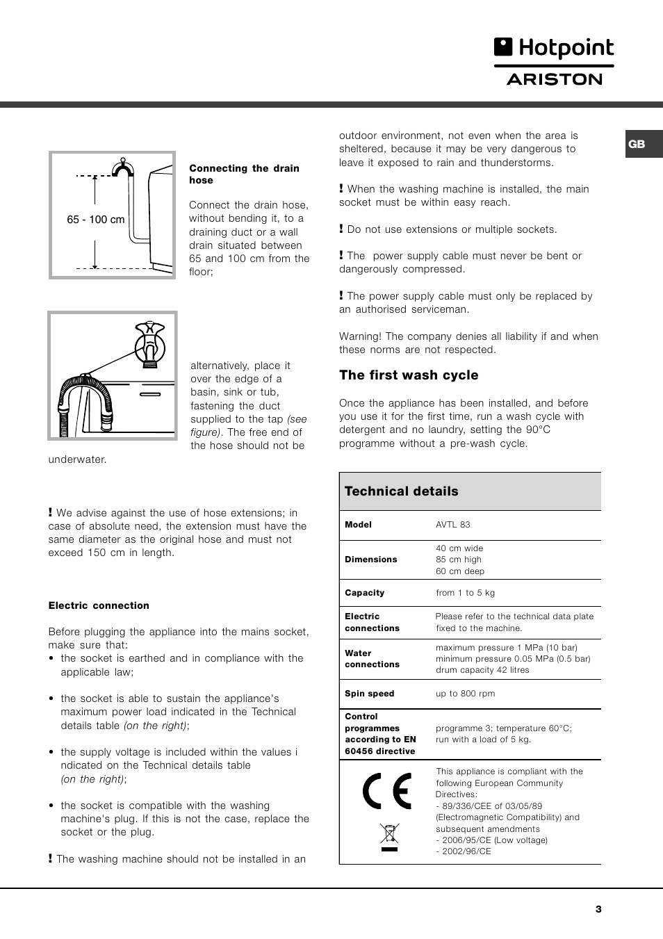 The first wash cycle, Technical details | Hotpoint Ariston AVTL 83 User Manual | Page 3 / 72