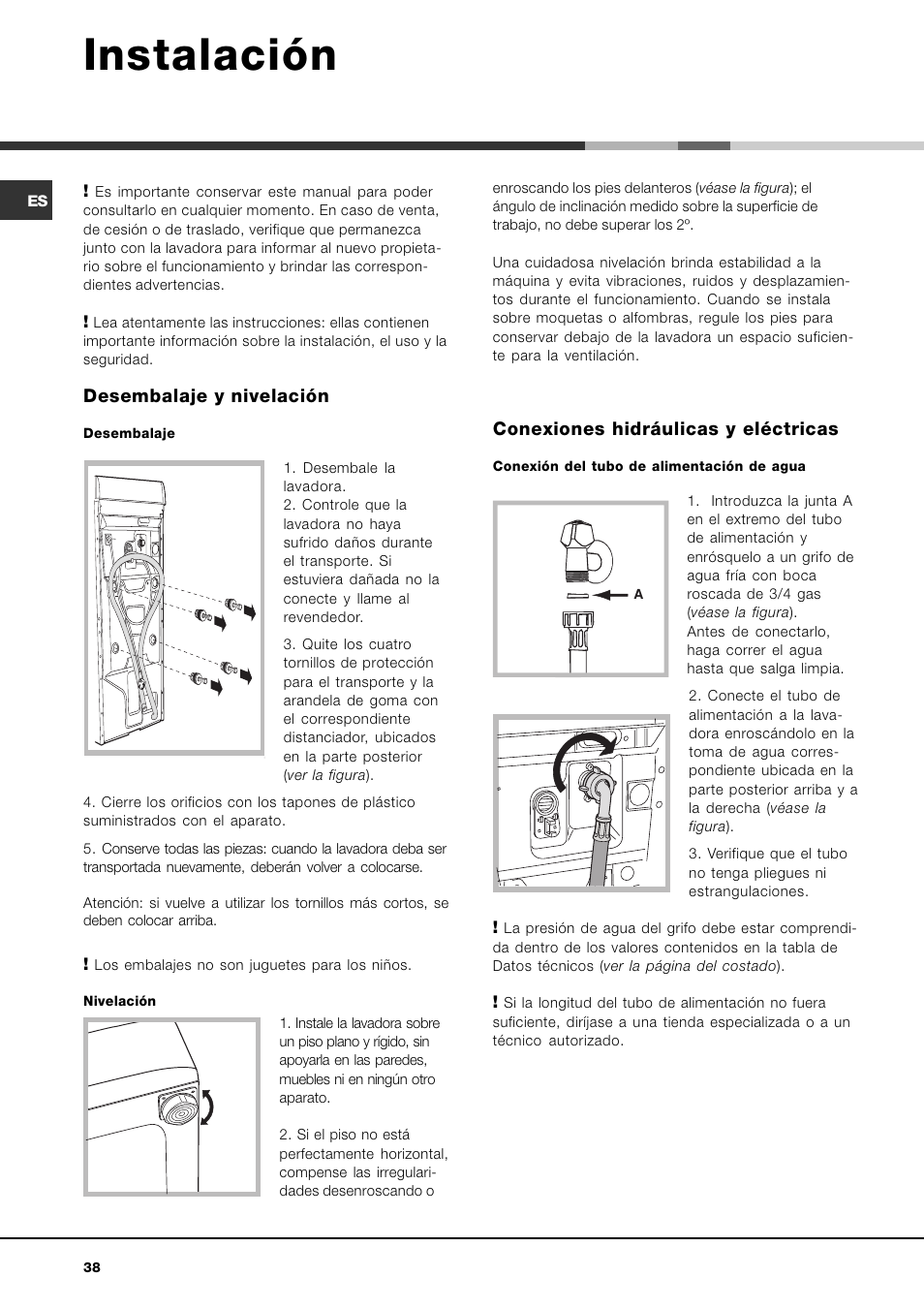 Instalación, Desembalaje y nivelación, Conexiones hidráulicas y eléctricas | Hotpoint Ariston AVTL 83 User Manual | Page 38 / 72