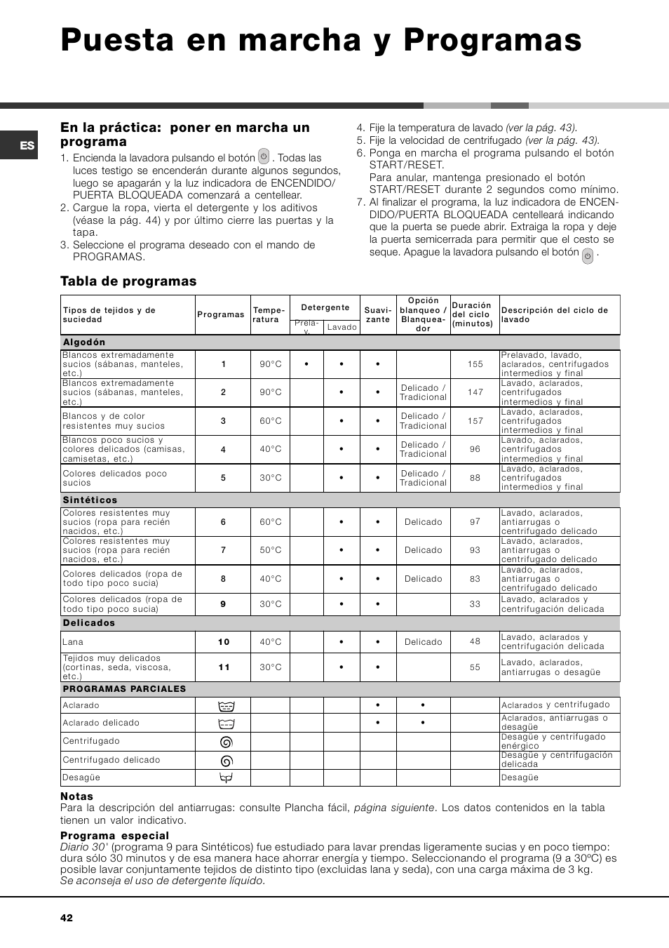 Puesta en marcha y programas, En la práctica: poner en marcha un programa, Tabla de programas | Hotpoint Ariston AVTL 83 User Manual | Page 42 / 72