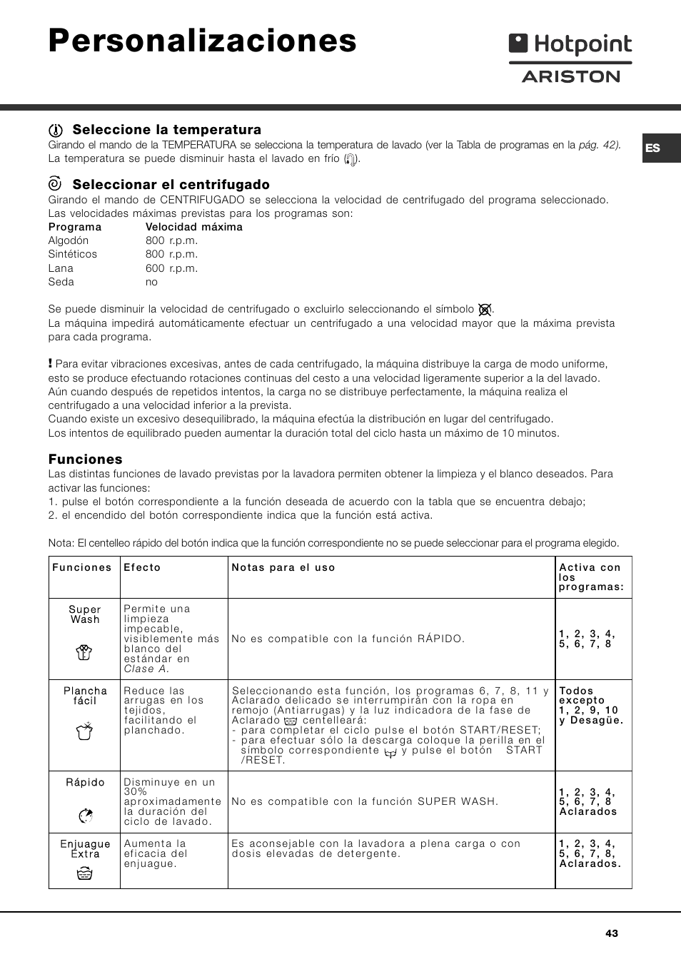 Personalizaciones, Seleccione la temperatura, Seleccionar el centrifugado | Funciones | Hotpoint Ariston AVTL 83 User Manual | Page 43 / 72