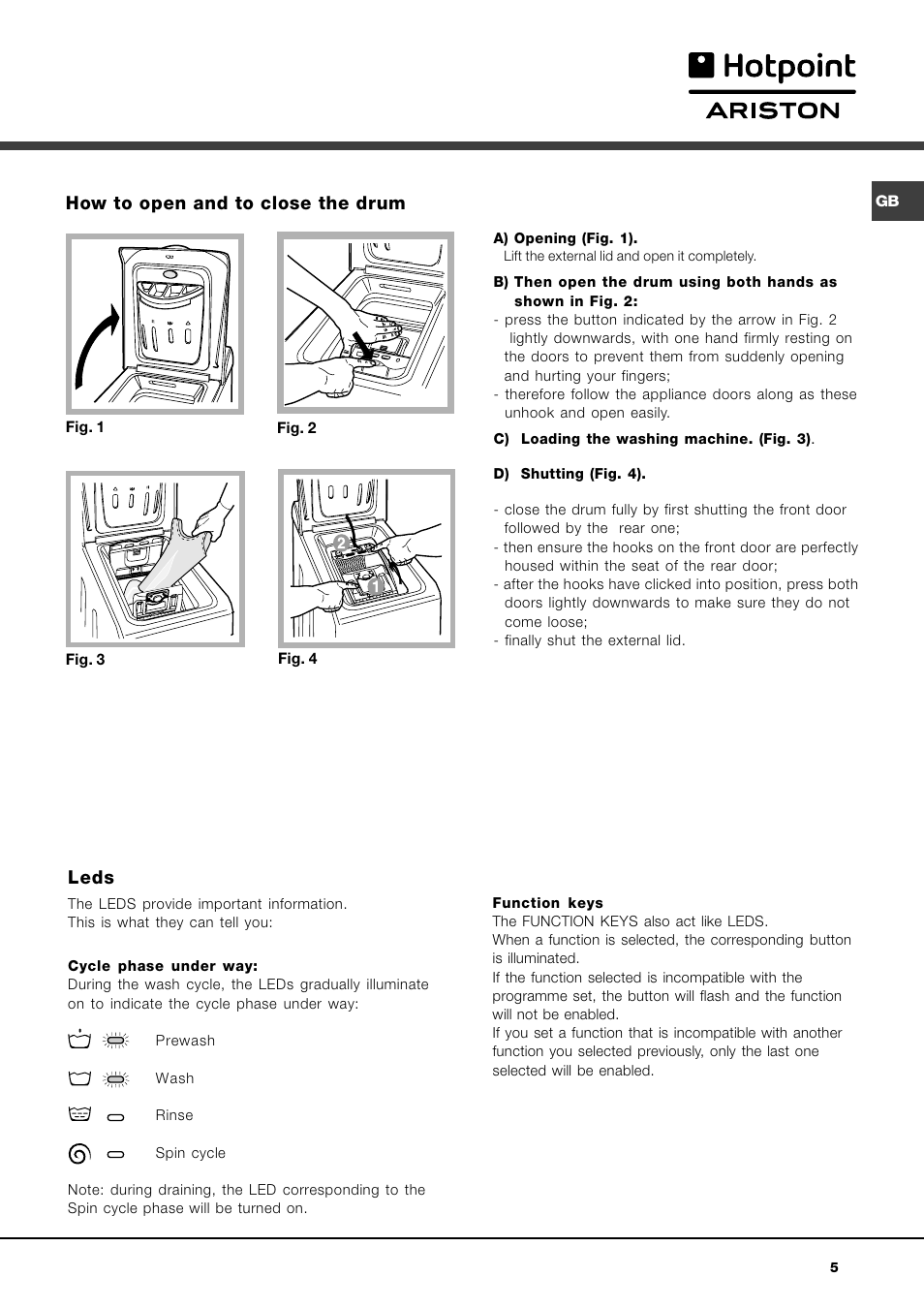 Leds, How to open and to close the drum | Hotpoint Ariston AVTL 83 User Manual | Page 5 / 72