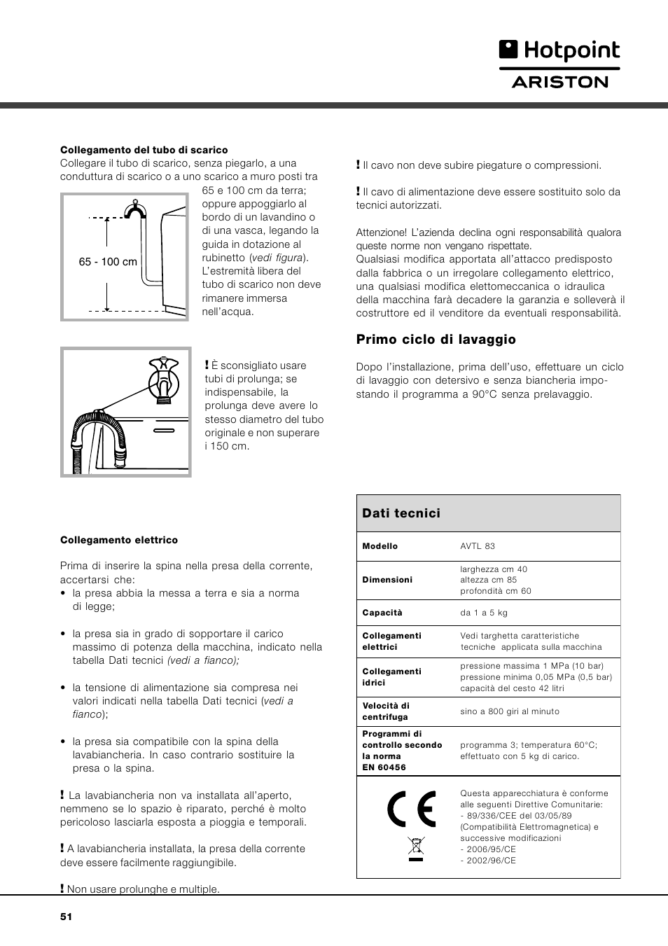 Primo ciclo di lavaggio | Hotpoint Ariston AVTL 83 User Manual | Page 51 / 72