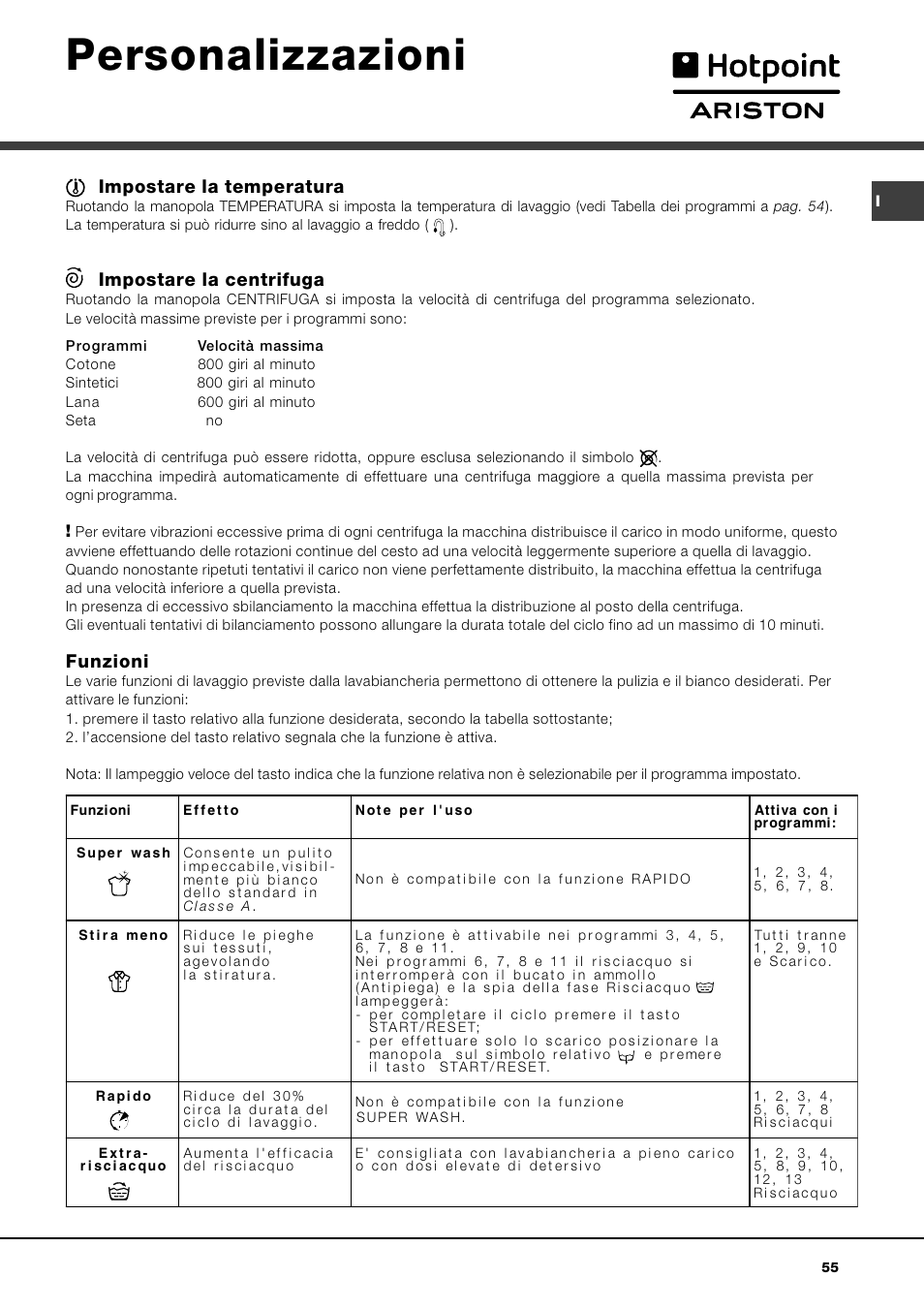 Personalizzazioni, Impostare la temperatura, Impostare la centrifuga | Funzioni | Hotpoint Ariston AVTL 83 User Manual | Page 55 / 72