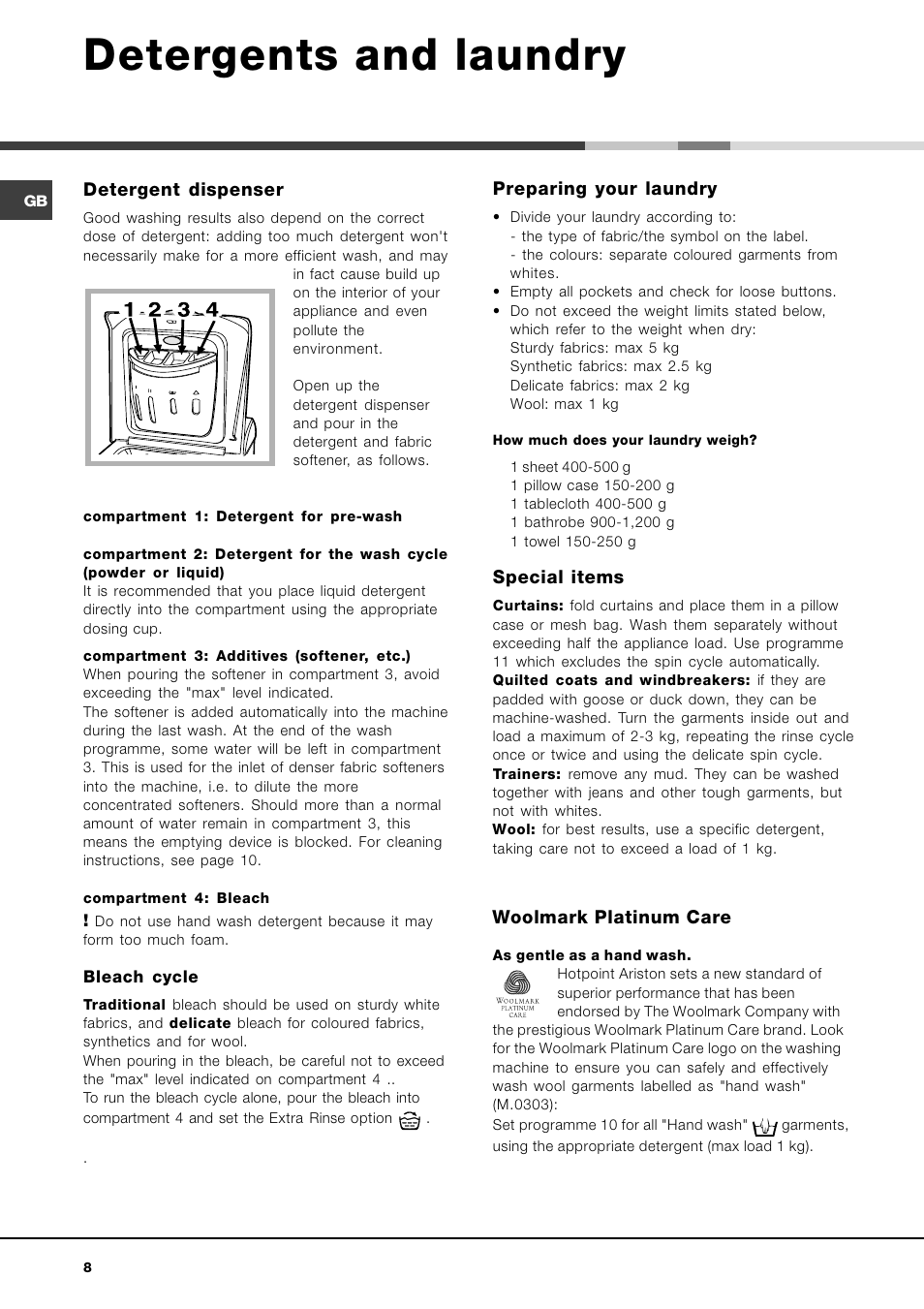 Detergents and laundry, Detergent dispenser, Preparing your laundry | Special items, Woolmark platinum care | Hotpoint Ariston AVTL 83 User Manual | Page 8 / 72