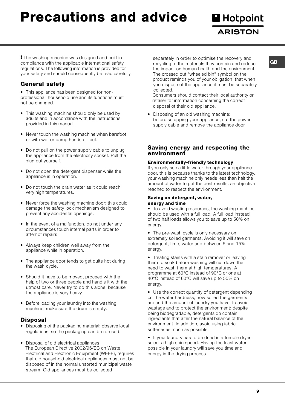 Precautions and advice, General safety, Disposal | Saving energy and respecting the environment | Hotpoint Ariston AVTL 83 User Manual | Page 9 / 72
