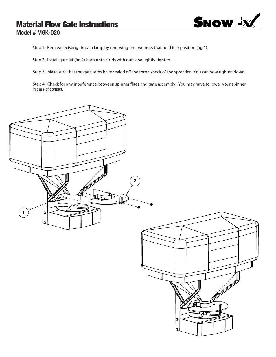 Material flow gate instructions, Model # mgk-020 | SnowEx MGK-020 User Manual | Page 2 / 2