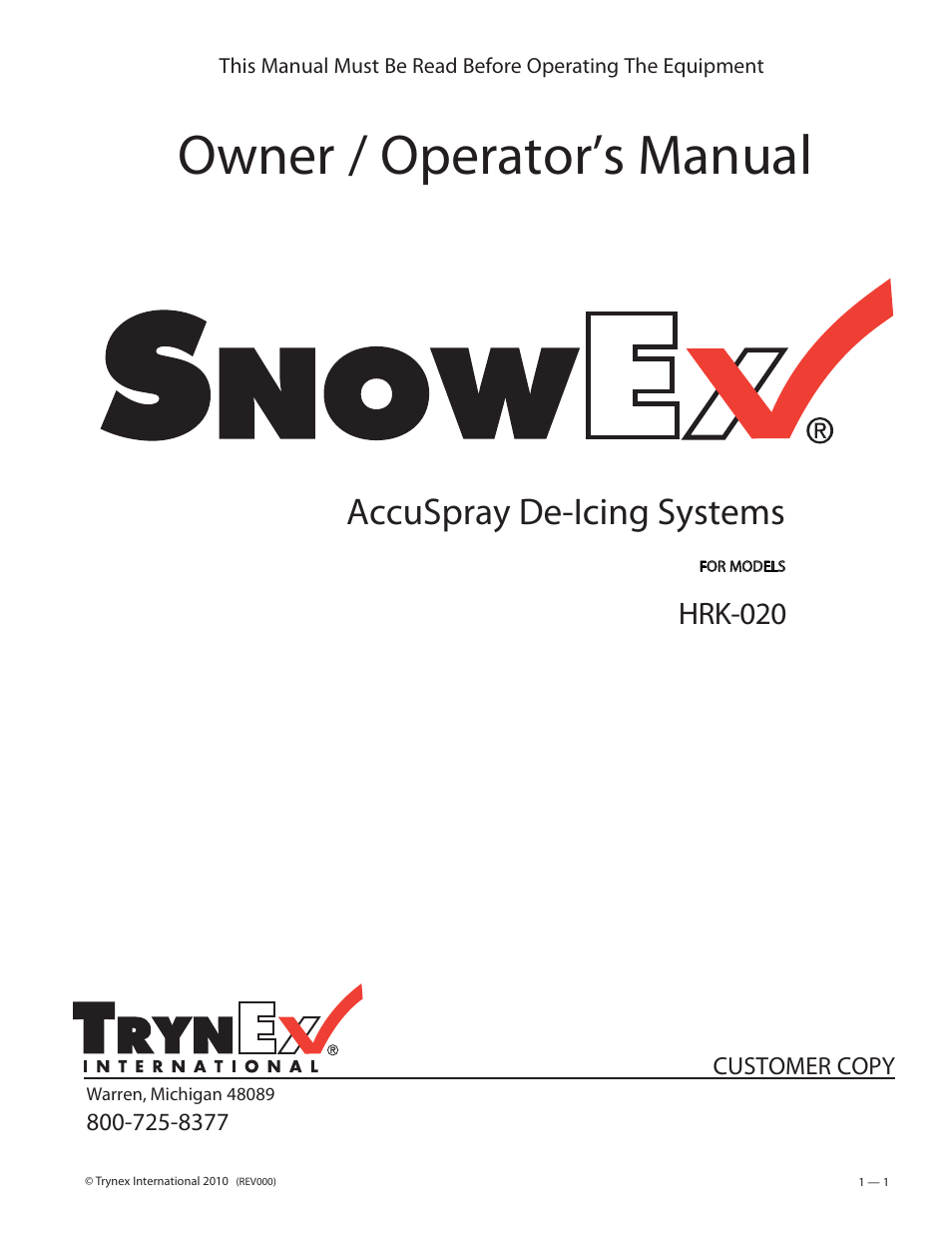 SnowEx HRK-020 User Manual | 8 pages