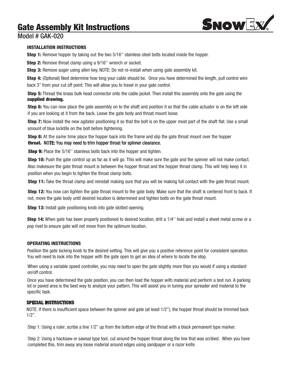 Gate assembly kit instructions, Model # gak-020 | SnowEx GAK-020 for SP-575 and SP-1075 User Manual | Page 2 / 2
