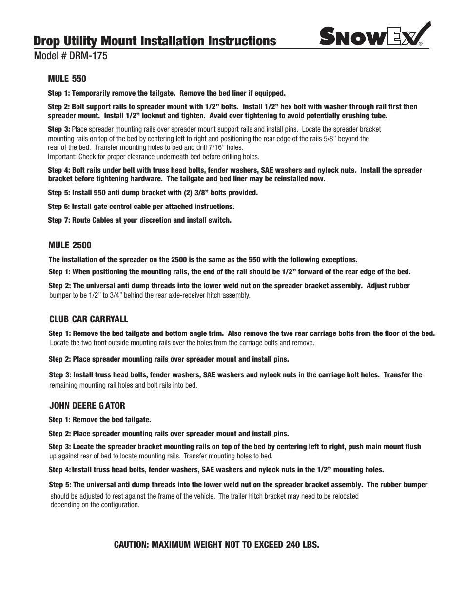 Drop utility mount installation instructions, Model # drm-175 | SnowEx DRM-175 User Manual | Page 2 / 2