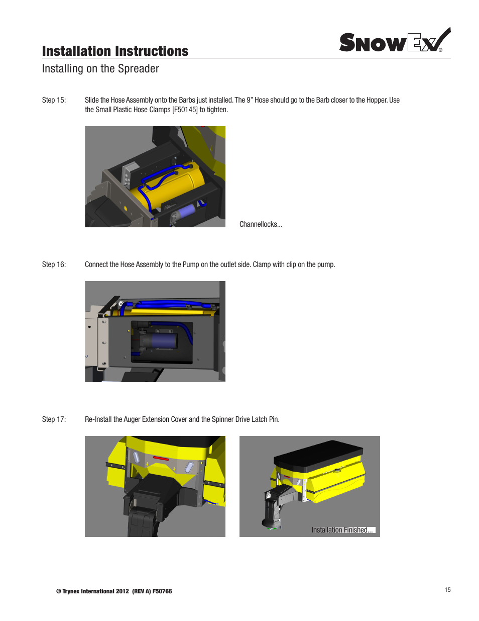 Installation instructions, Installing on the spreader | SnowEx PWX-250 User Manual | Page 15 / 28