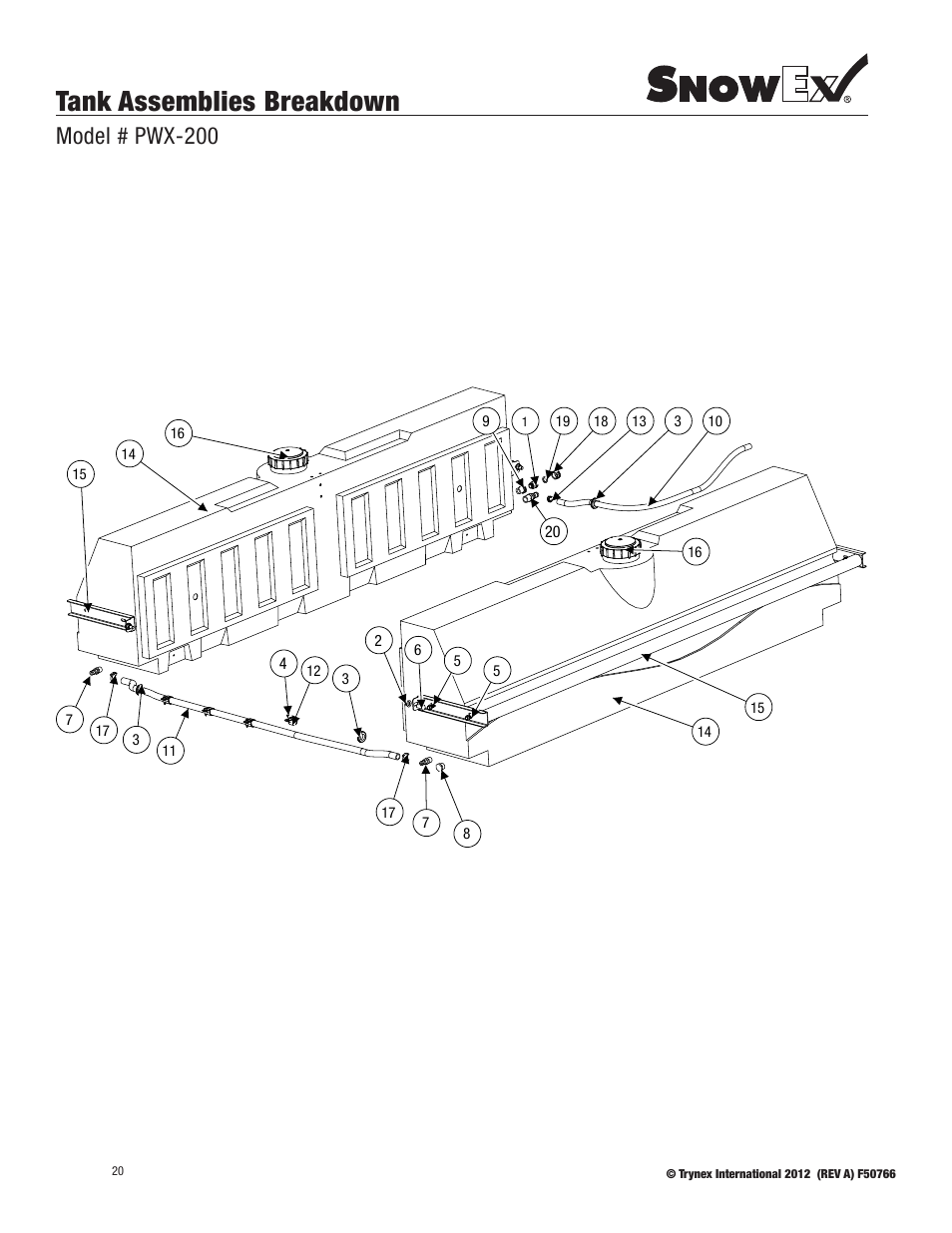 Tank assemblies breakdown, Model # pwx-200 | SnowEx PWX-250 User Manual | Page 20 / 28