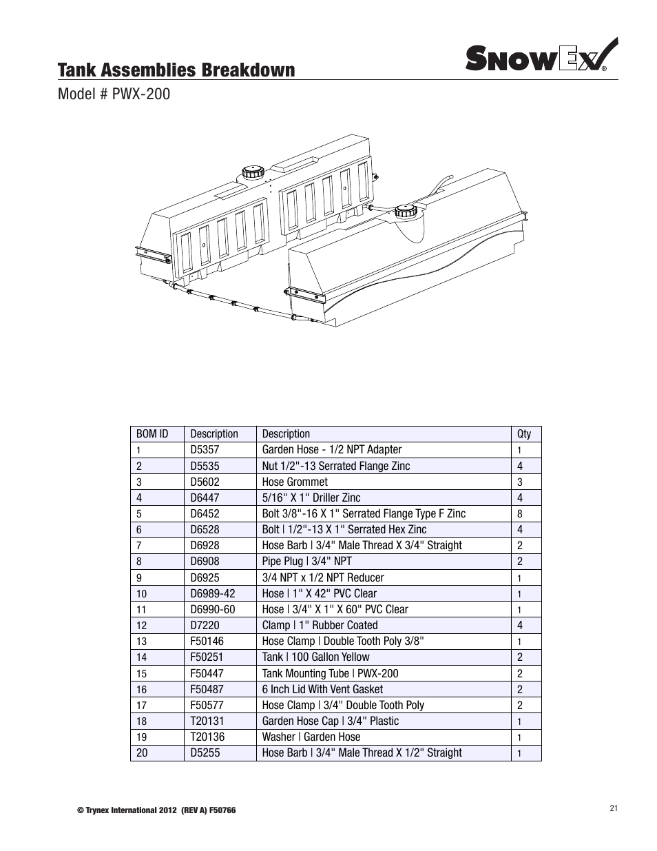 Tank assemblies breakdown, Model # pwx-200 | SnowEx PWX-250 User Manual | Page 21 / 28