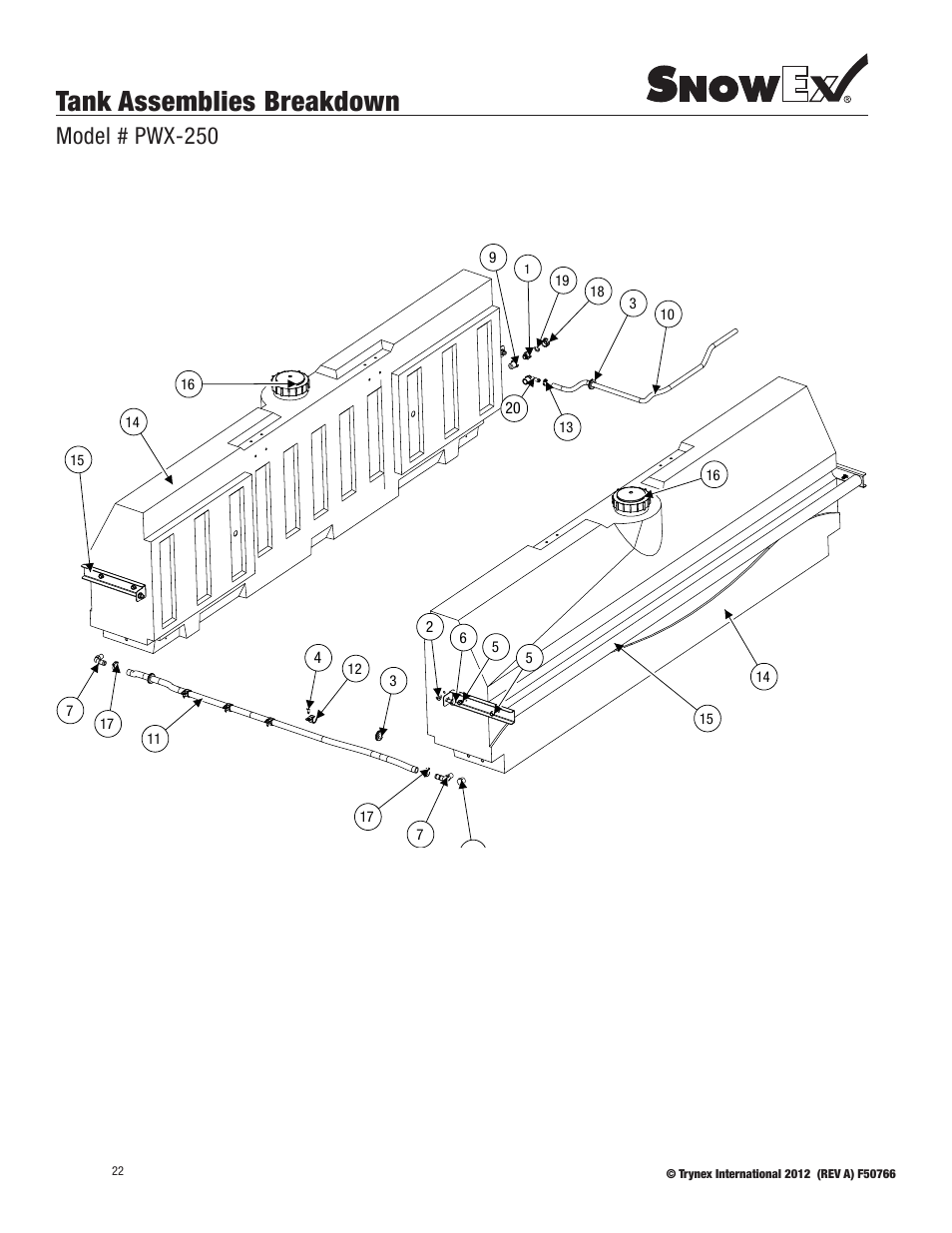 Tank assemblies breakdown, Model # pwx-250 | SnowEx PWX-250 User Manual | Page 22 / 28