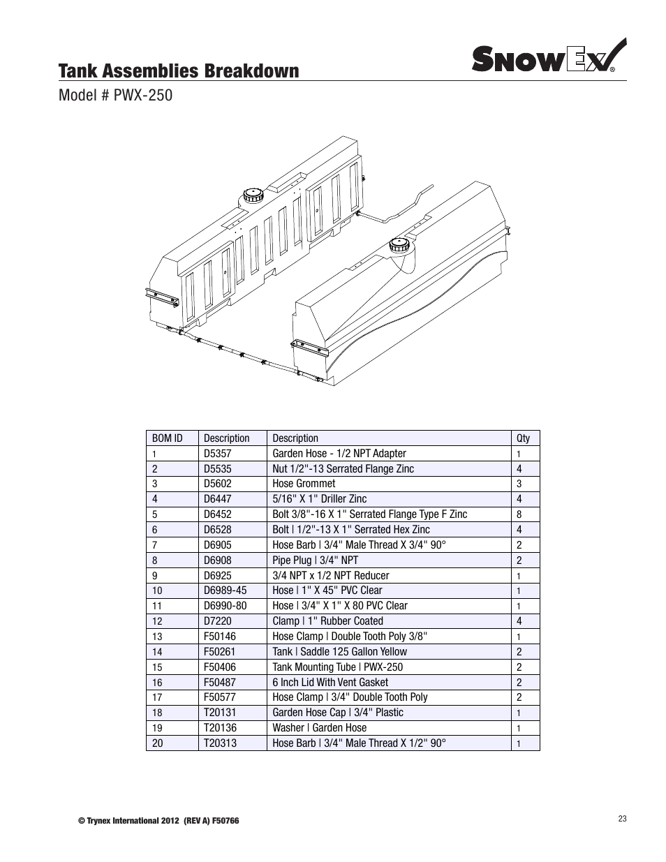 Tank assemblies breakdown, Model # pwx-250 | SnowEx PWX-250 User Manual | Page 23 / 28