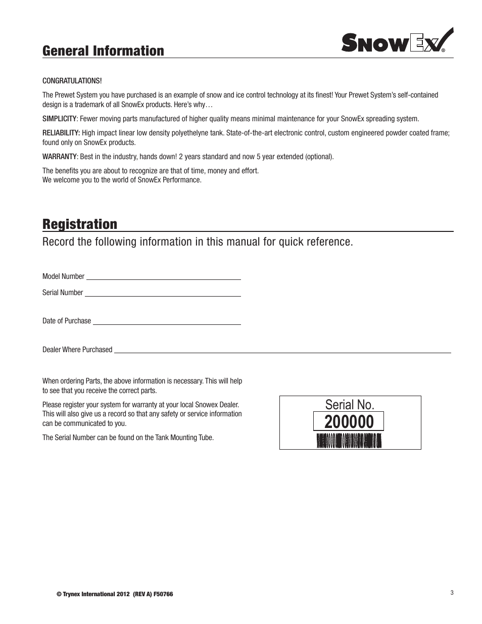 General information, Registration, Serial no | SnowEx PWX-250 User Manual | Page 3 / 28