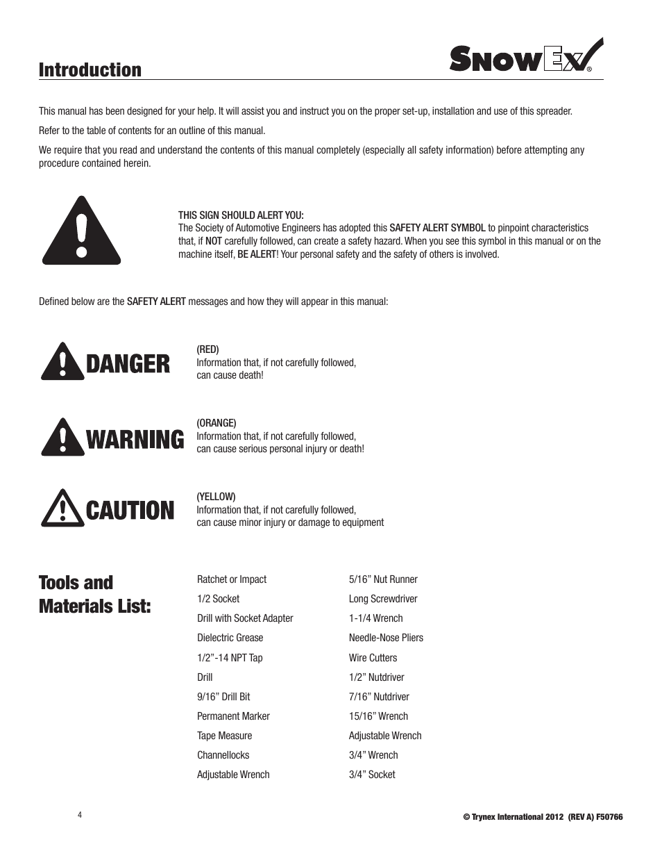 Introduction, Tools and materials list | SnowEx PWX-250 User Manual | Page 4 / 28