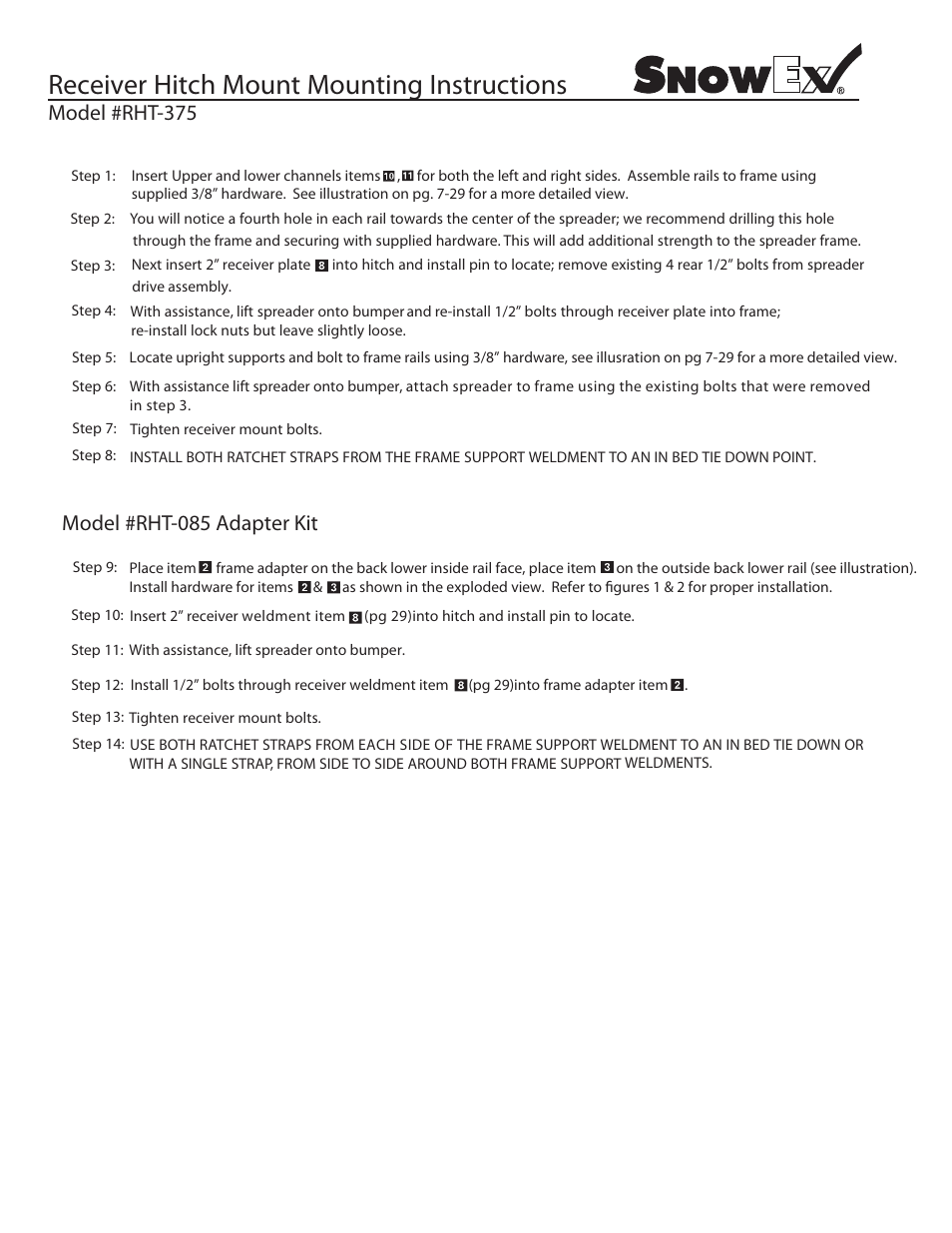 Receiver hitch mount mounting instructions, Model #rht-375, Model #rht-085 adapter kit | SnowEx RHT-375 User Manual | Page 2 / 2