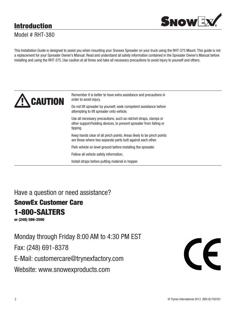 800-salters, Introduction, Model # rht-380 | SnowEx RHT-380 User Manual | Page 2 / 12