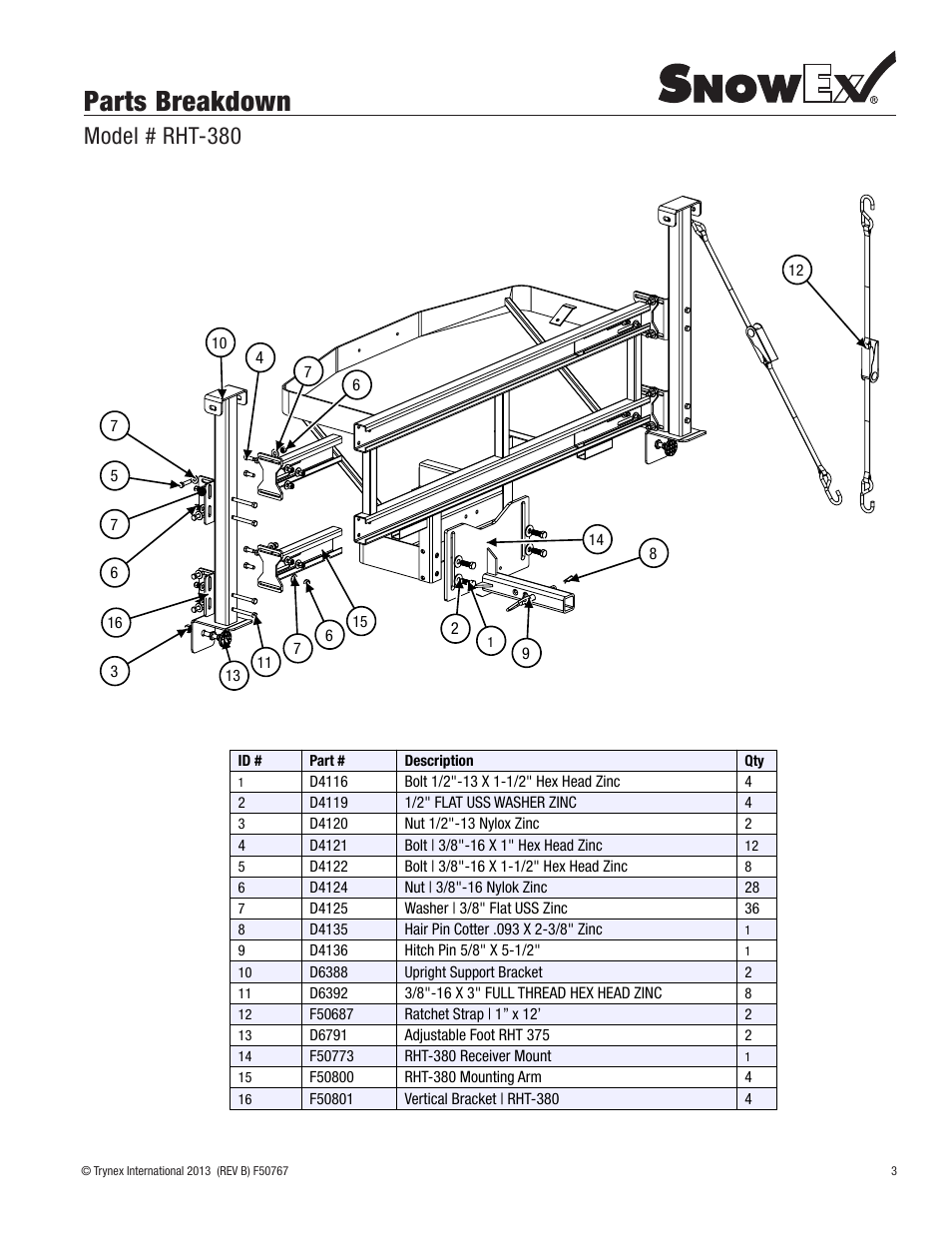 Parts breakdown, Model # rht-380 | SnowEx RHT-380 User Manual | Page 3 / 12