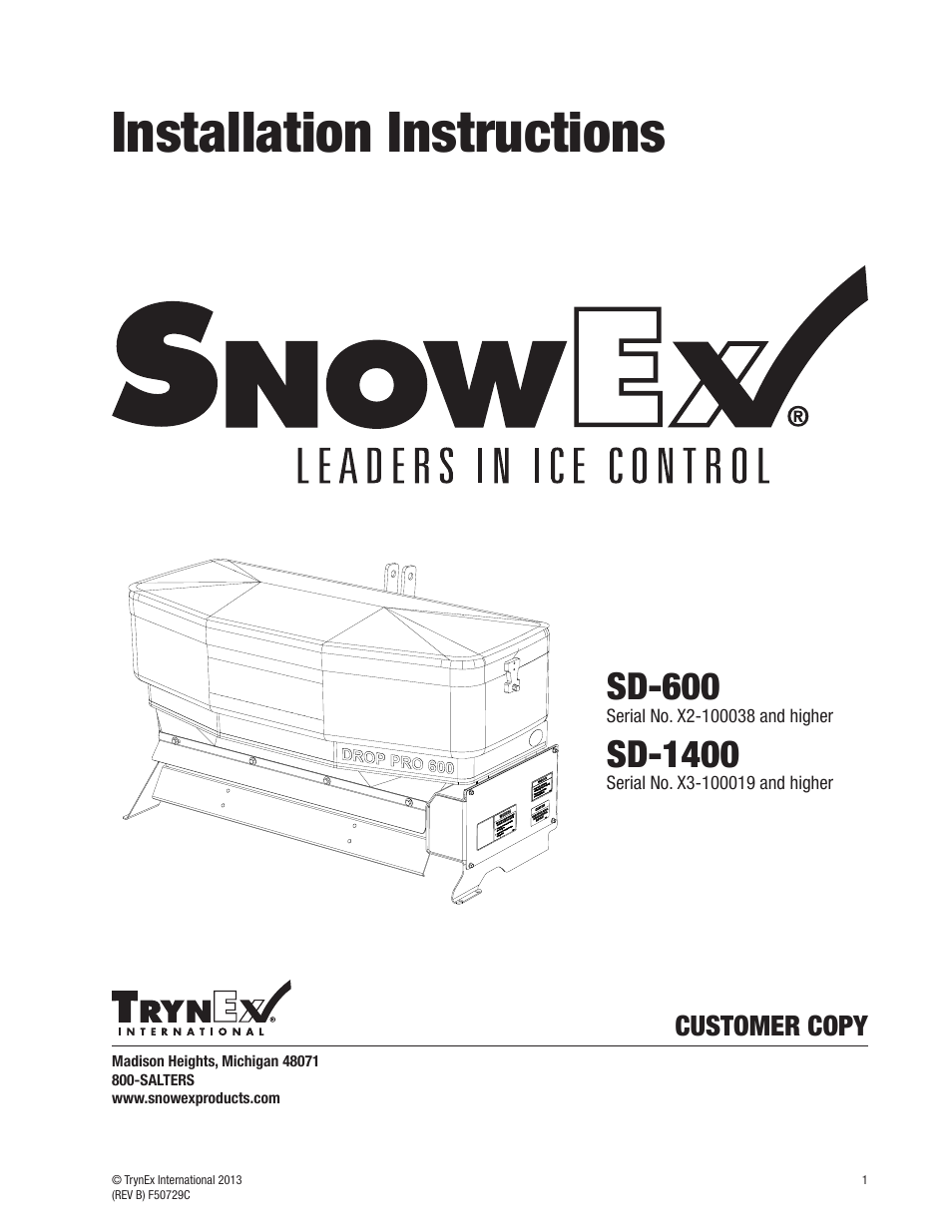 SnowEx SD-1400 Installation User Manual | 12 pages