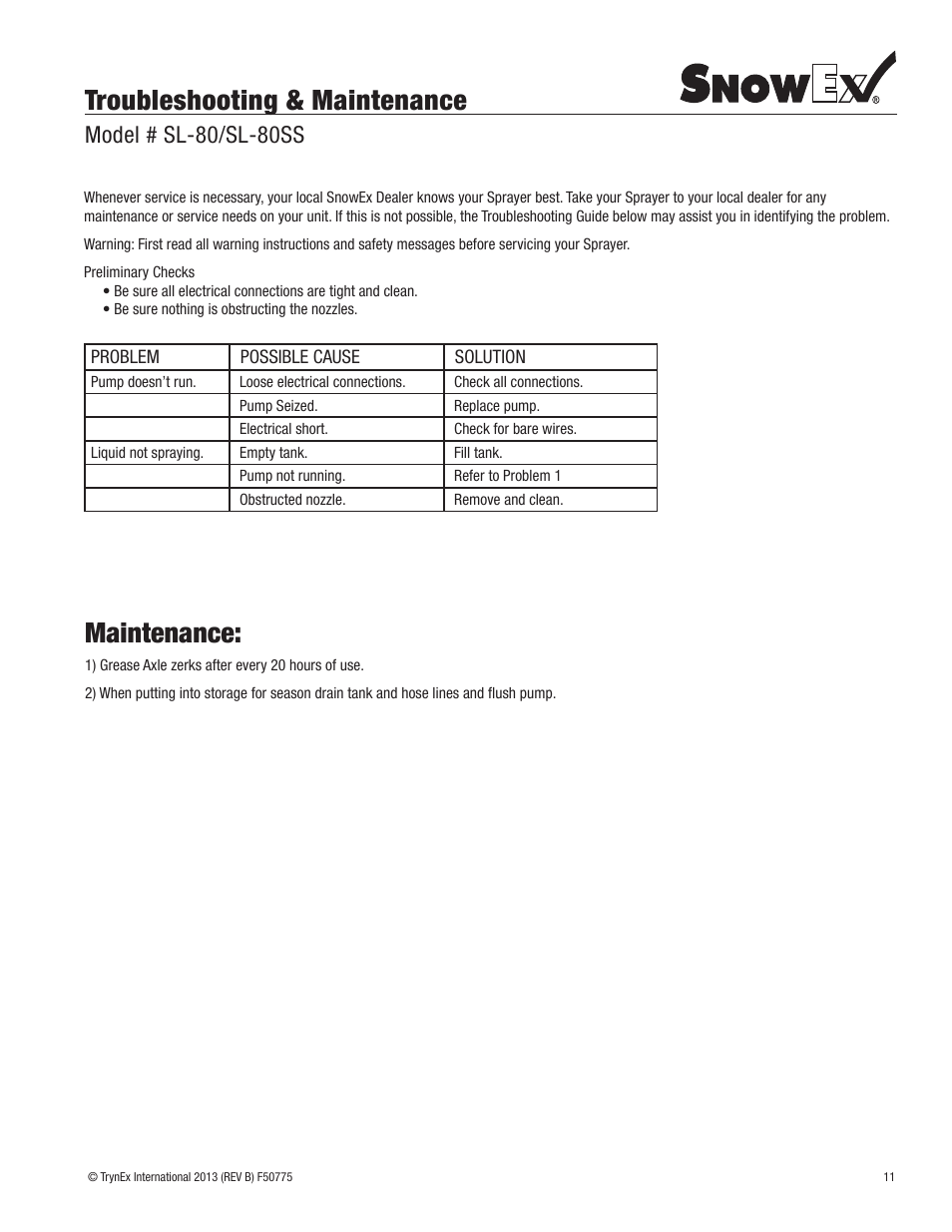 Troubleshooting & maintenance, Maintenance, Model # sl-80/sl-80ss | SnowEx SL-80SS User Manual | Page 11 / 28