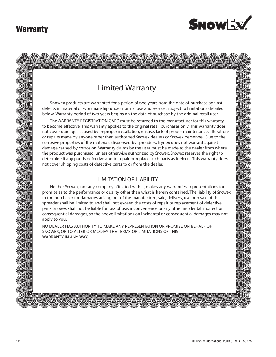 Warranty, Warranty limited warranty, Limitation of liability | SnowEx SL-80SS User Manual | Page 12 / 28