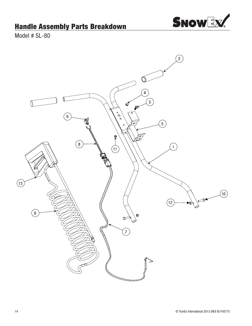 Handle assembly parts breakdown, Model # sl-80 | SnowEx SL-80SS User Manual | Page 14 / 28