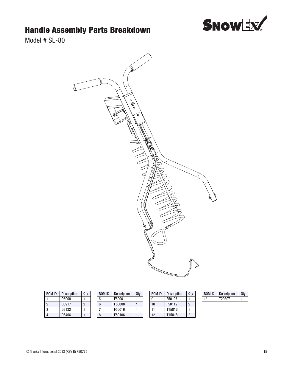 Handle assembly parts breakdown, Model # sl-80 | SnowEx SL-80SS User Manual | Page 15 / 28