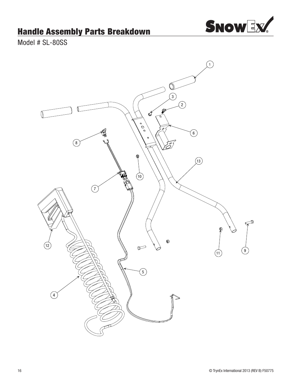 Handle assembly parts breakdown, Model # sl-80ss | SnowEx SL-80SS User Manual | Page 16 / 28
