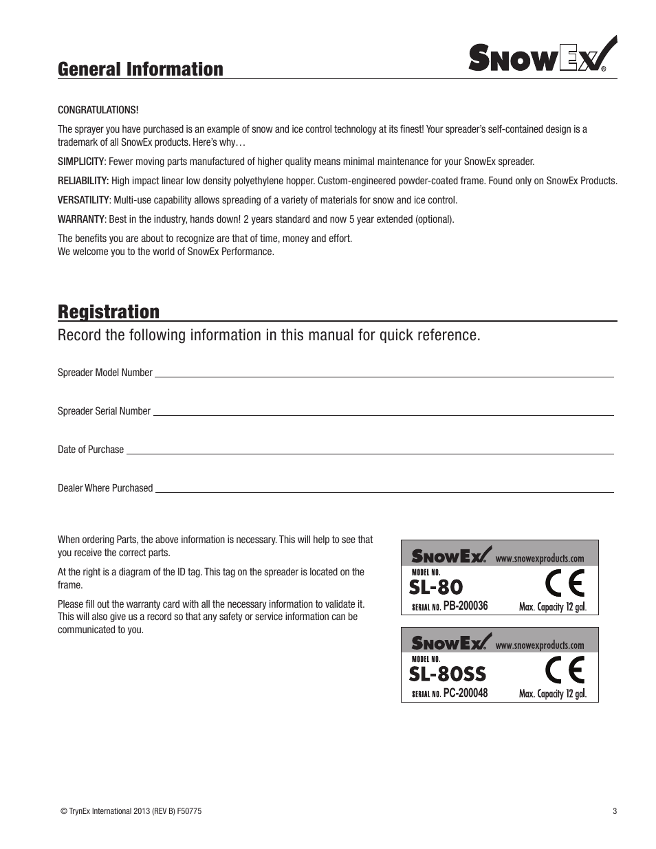 General information, Registration | SnowEx SL-80SS User Manual | Page 3 / 28