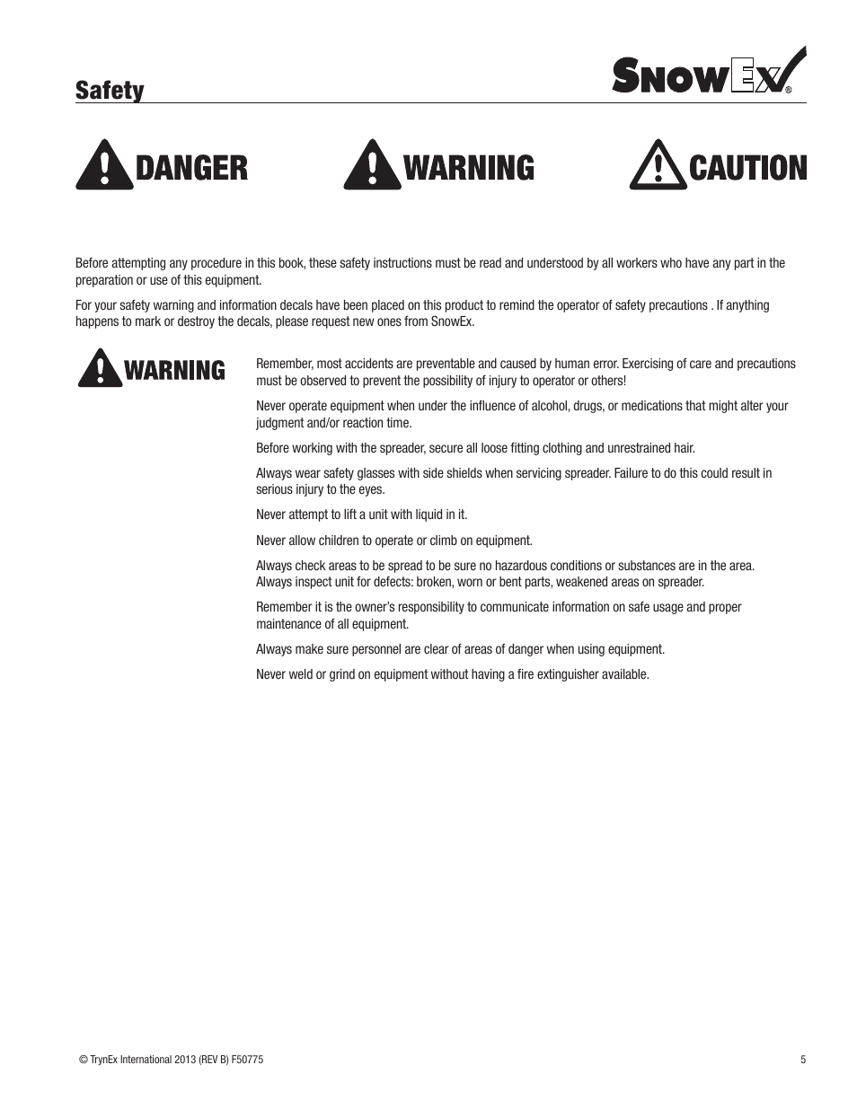 Safety | SnowEx SL-80SS User Manual | Page 5 / 28