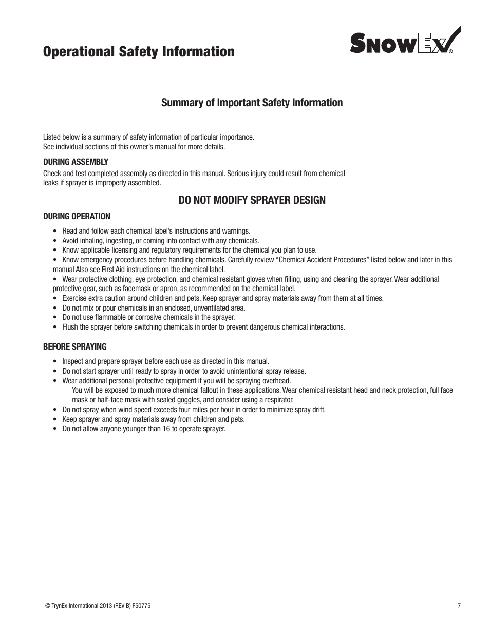 Operational safety information, Summary of important safety information, Do not modify sprayer design | SnowEx SL-80SS User Manual | Page 7 / 28