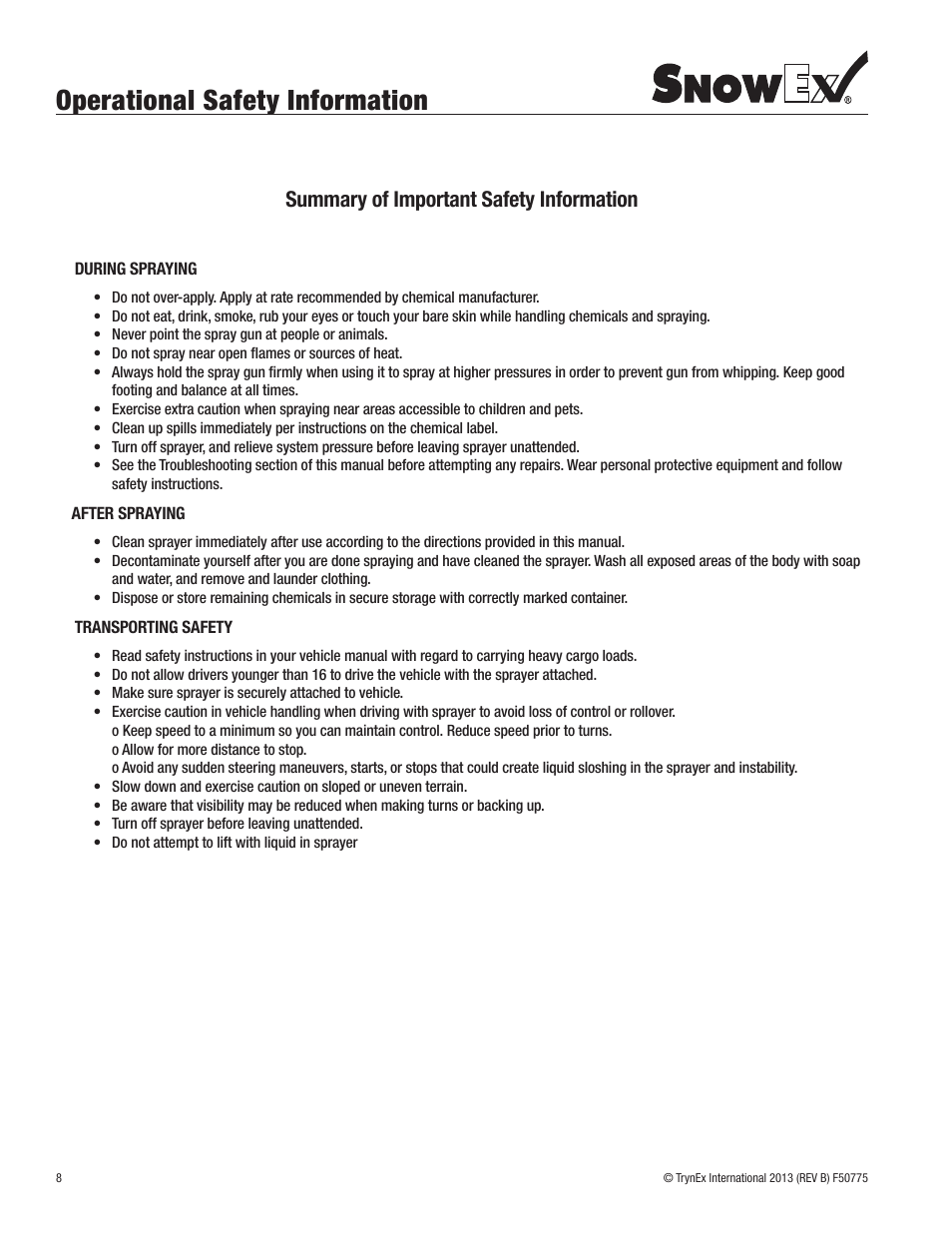 Operational safety information, Summary of important safety information | SnowEx SL-80SS User Manual | Page 8 / 28