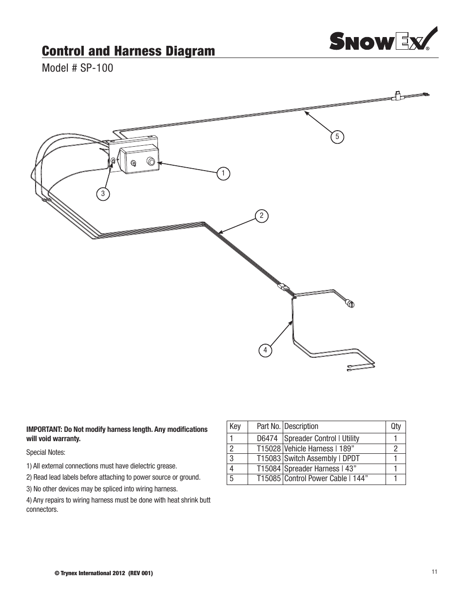 Control and harness diagram, Model # sp-100 | SnowEx SP-100 User Manual | Page 11 / 25