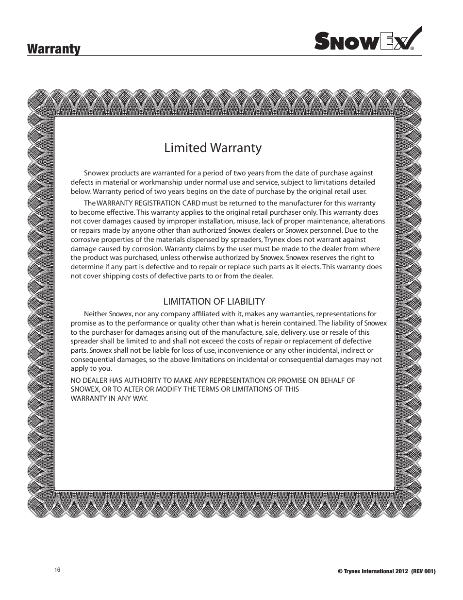 Warranty, Warranty limited warranty, Limitation of liability | SnowEx SP-100 User Manual | Page 16 / 25