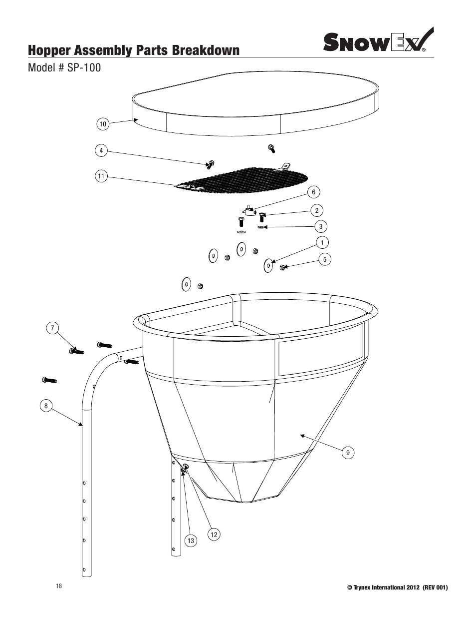 Hopper assembly parts breakdown, Model # sp-100 | SnowEx SP-100 User Manual | Page 18 / 25