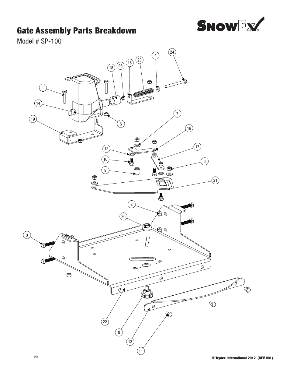 Gate assembly parts breakdown, Model # sp-100 | SnowEx SP-100 User Manual | Page 20 / 25