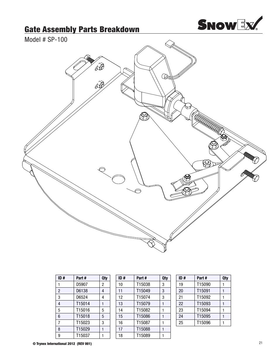 Gate assembly parts breakdown, Model # sp-100 | SnowEx SP-100 User Manual | Page 21 / 25