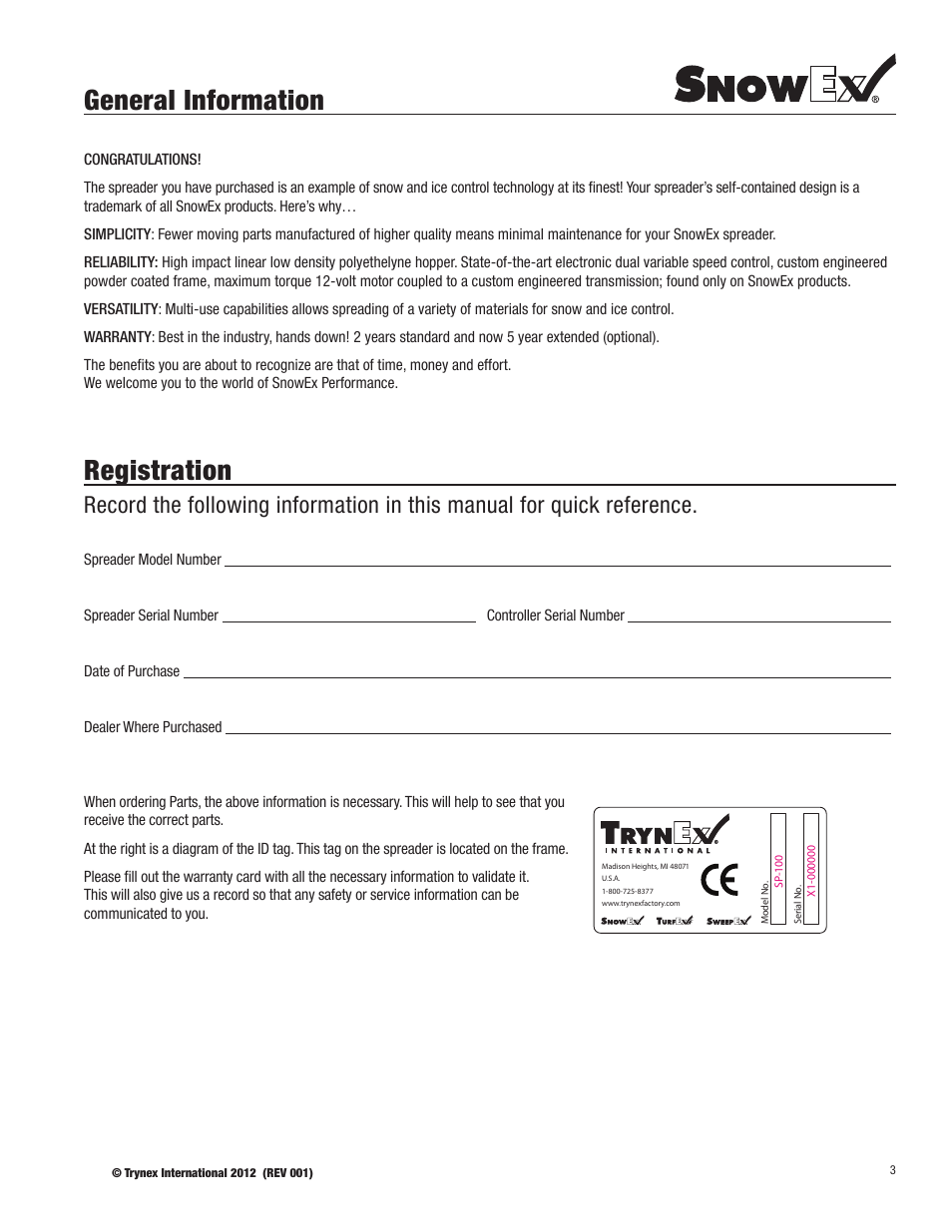 General information, Registration | SnowEx SP-100 User Manual | Page 3 / 25