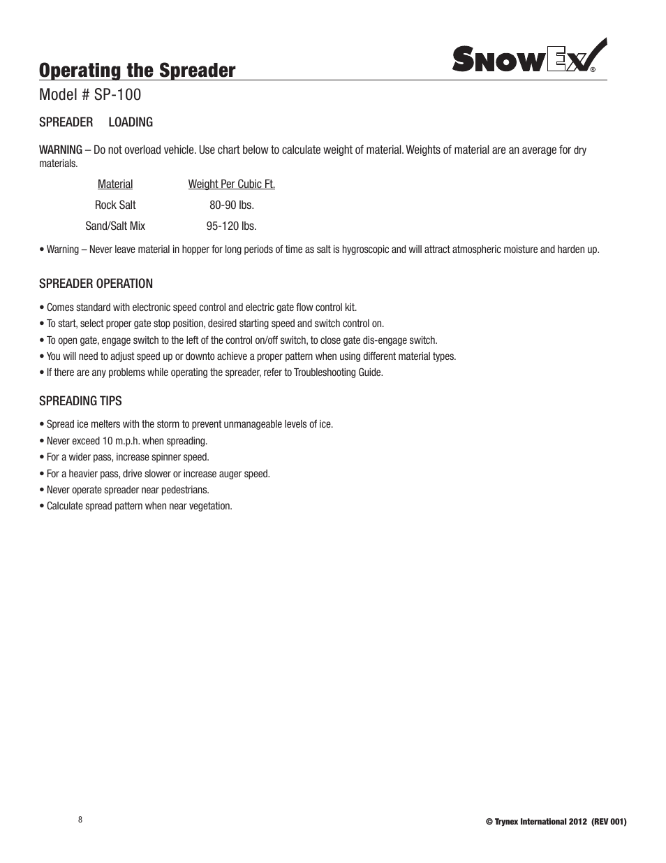 Operating the spreader, Model # sp-100 | SnowEx SP-100 User Manual | Page 8 / 25