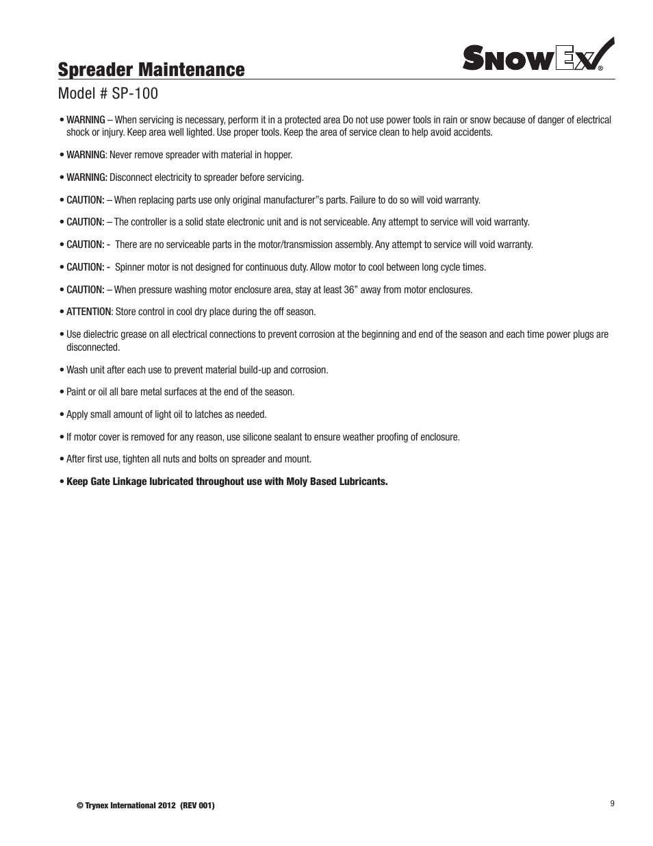 Spreader maintenance, Model # sp-100 | SnowEx SP-100 User Manual | Page 9 / 25