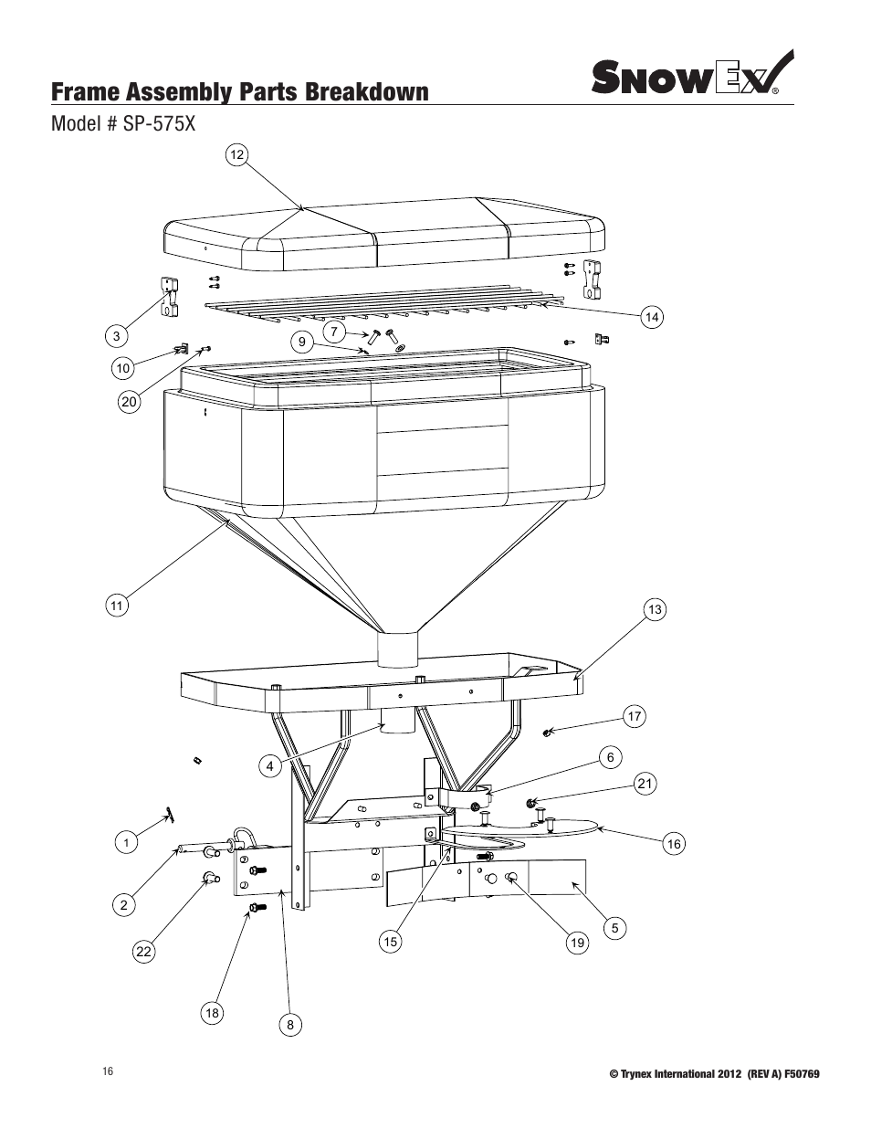 Frame assembly parts breakdown, Model # sp-575x | SnowEx SP-1075X User Manual | Page 16 / 28