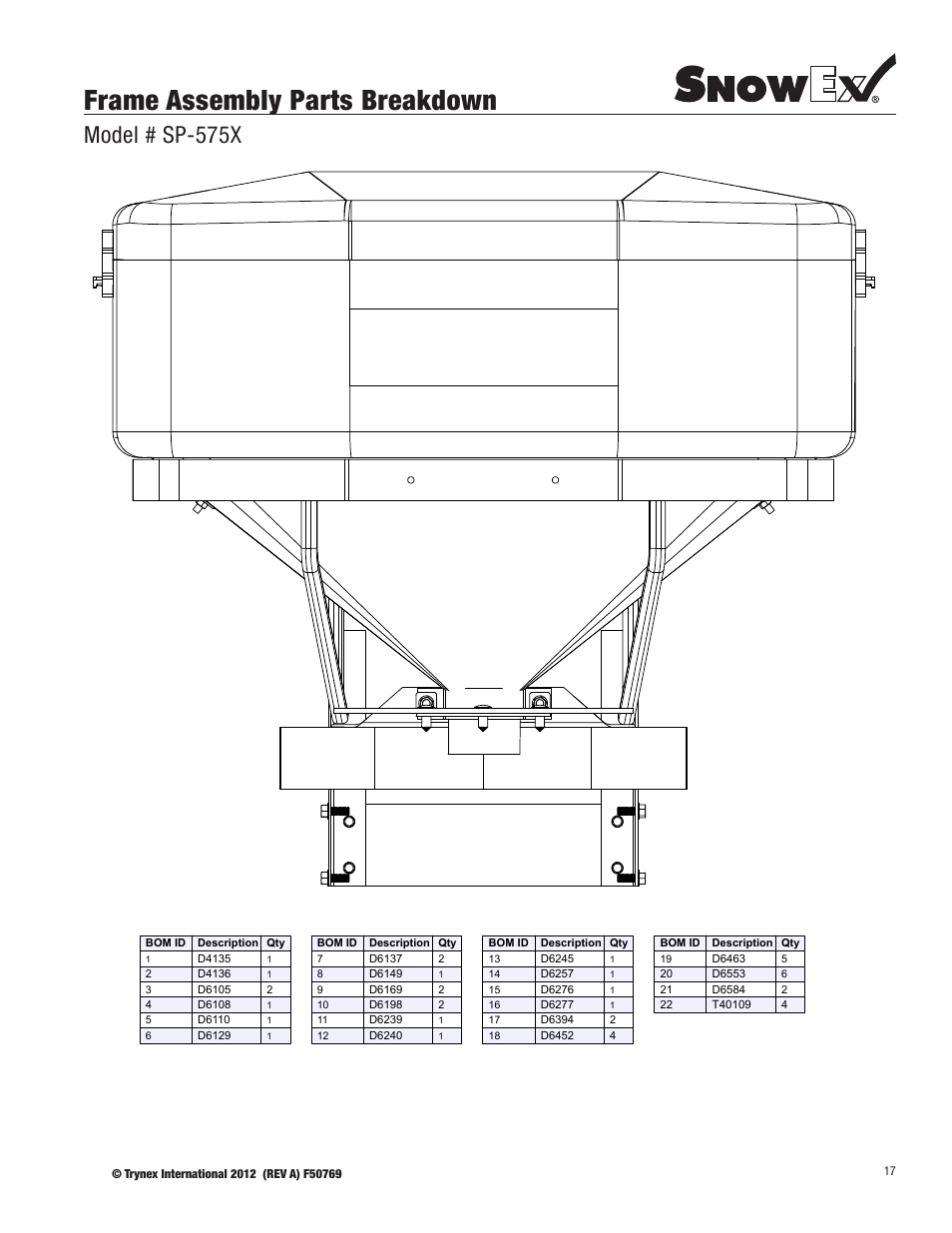 Frame assembly parts breakdown, Model # sp-575x | SnowEx SP-1075X User Manual | Page 17 / 28