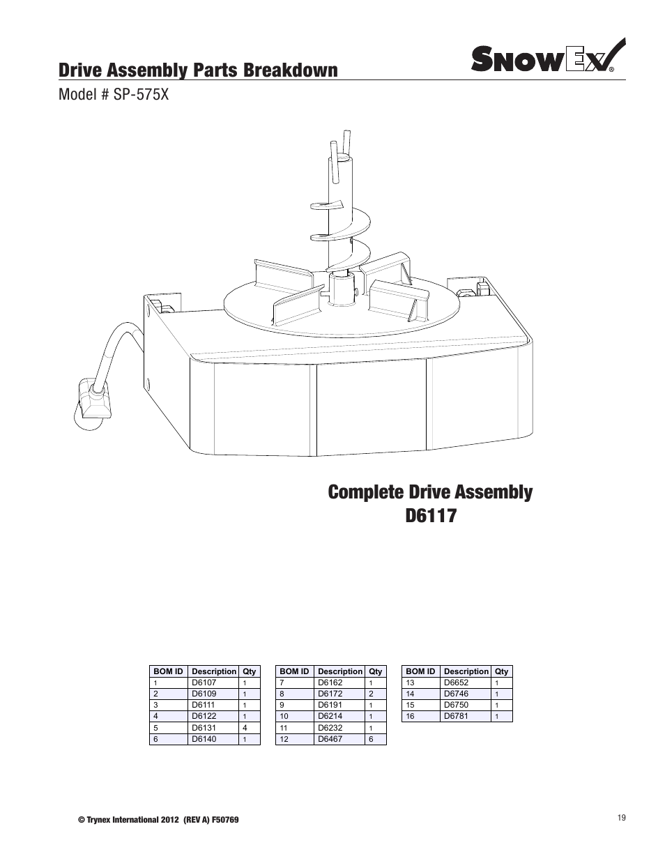 Drive assembly parts breakdown, Complete drive assembly d6117, Model # sp-575x | SnowEx SP-1075X User Manual | Page 19 / 28