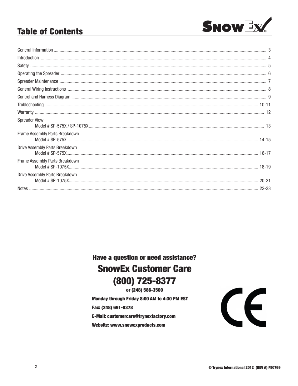 SnowEx SP-1075X User Manual | Page 2 / 28